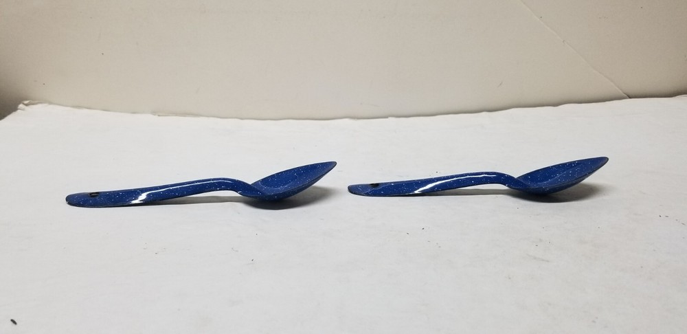 2 VTG ENAMELWARE BLUE WHITE SPECKLED TABLESPOONS 7"