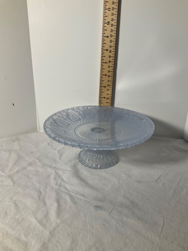 Frosted glass light blue footed cake plate decorative design 8”