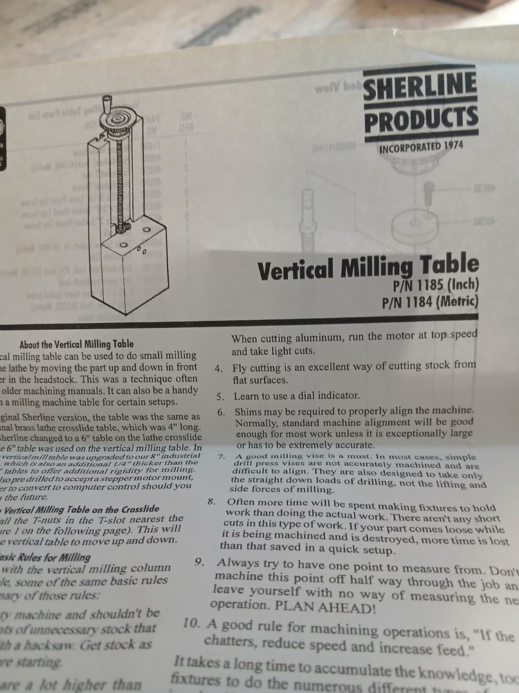 Sherline Vertical Milling Table 1185 For Lathe Or Mill