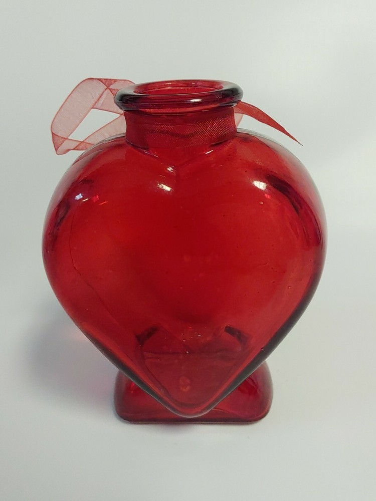 Beautiful Ruby Red Stained Heart Shaped Pressed Glass Bottles /Vases 5"