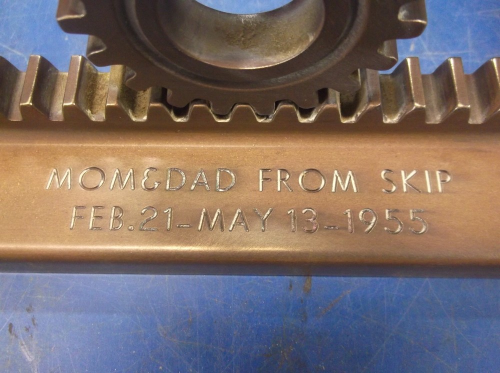 VTG MACHINE AGE PAIR SOLID BRASS GEAR MOUNTED BOOKENDS PERSONALIZED