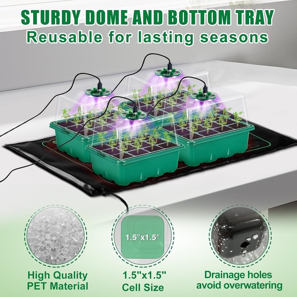 Seed Starter Tray with Grow Light & Heat Mat- 4 Pack 48 Cell Durable Easy Use...