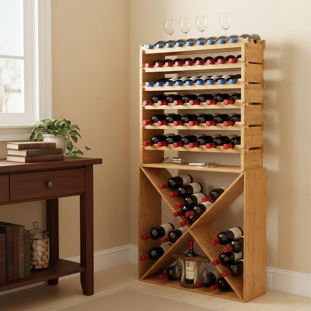72 Bottle Wine Rack Stackable Bamboo Freestanding, 8-Tier Modular Shelf, Sturdy