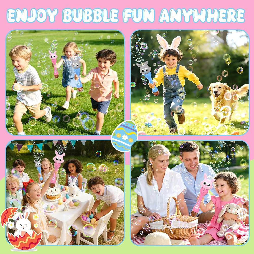 Easter Bubble Wand for Kids 2-Pack, Bunny Bubble Machine with LED Light, Bubble