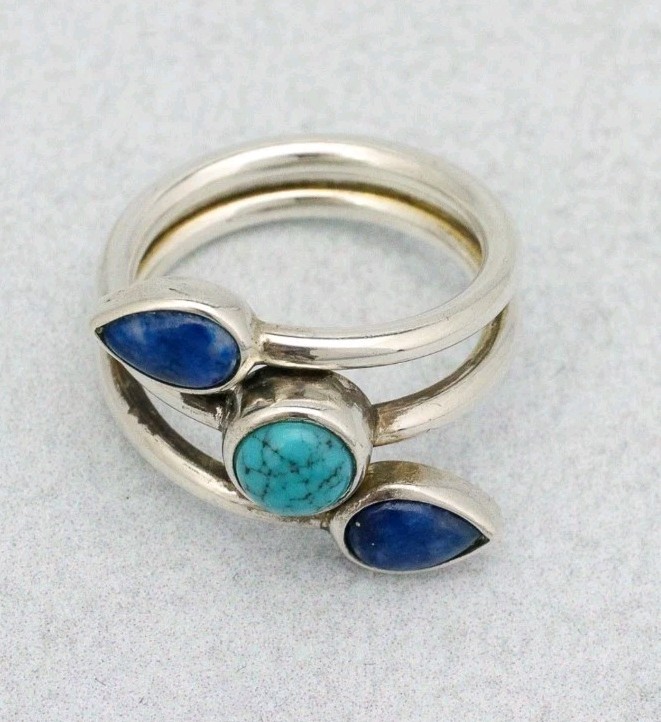 Lapis Turquoise 3 Stone Sterling Ring 6