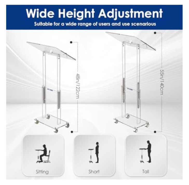 Acrylic Podium Stand 49"H Rolling Pulpit Lecturn Lockable Wheels Adjustable
