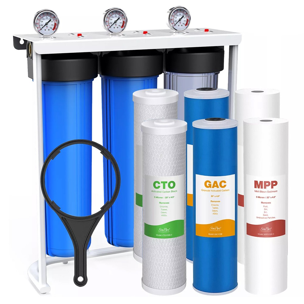 4.5"x20" Big Blue Whole House 3 Stage Well Water Filter System + 2 Year Filter