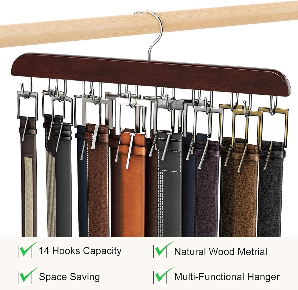 Compact Mahogany Belt Storage Solution with 14 Hooks – Elevate Your Closet Style
