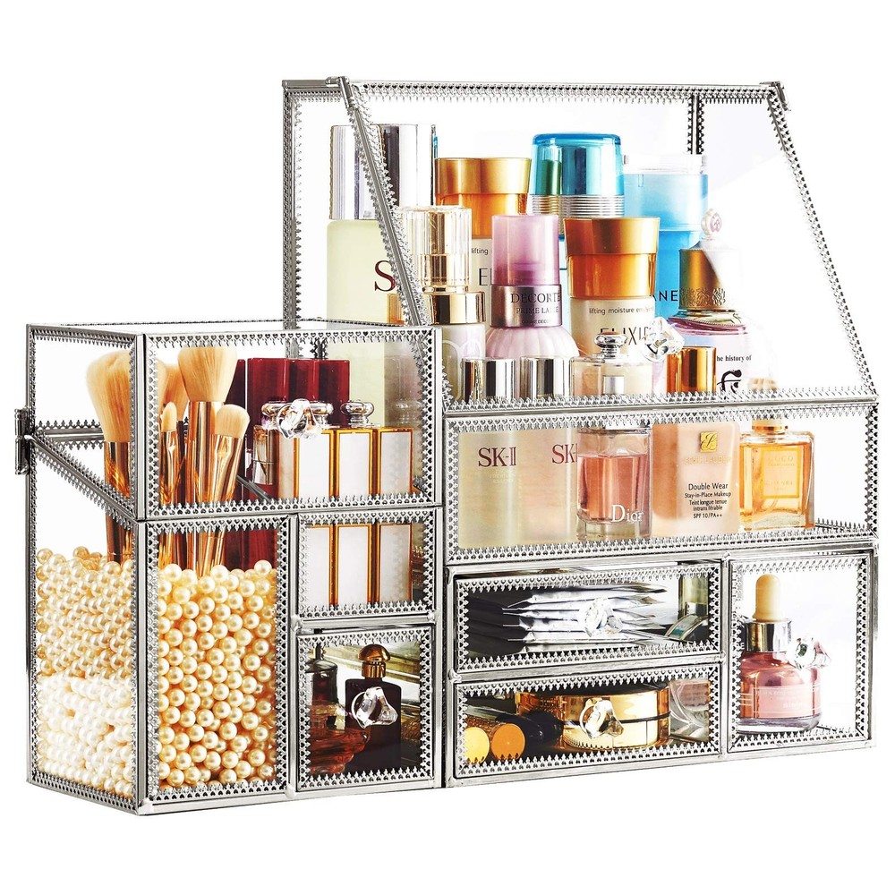 Hersoo Glass Makeup Organizer for Vanity/Stackable 2Pieces Drawer S... Fast Ship