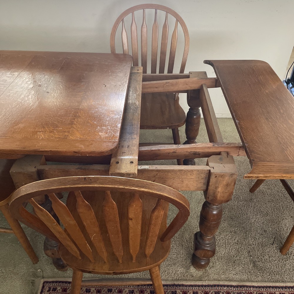 Vintage Solid Oak Dining Rectangle 59.25” Table. 4 Arrowback Chairs. Made Taiwan
