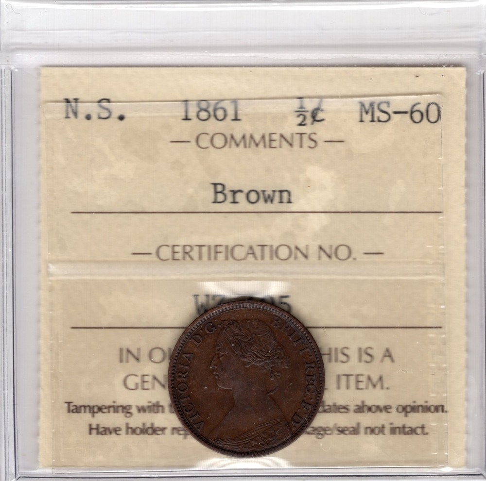 1861 Nova Scotia 1/2 Cent Coin - ICCS MS 60  Brown