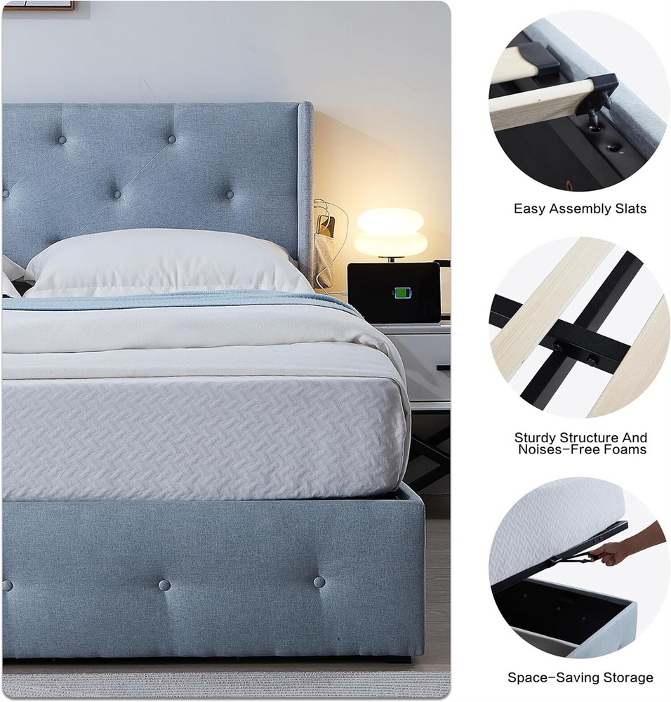 Full Size Bed Frame Upholstered Platform Bed Frame w/ Headboard & USB Port US