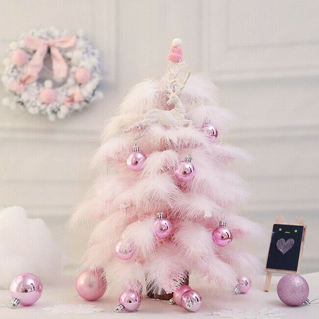 Mini Christmas Tree Tabletop Artificial Tree with Feather Leaf LED String Lights