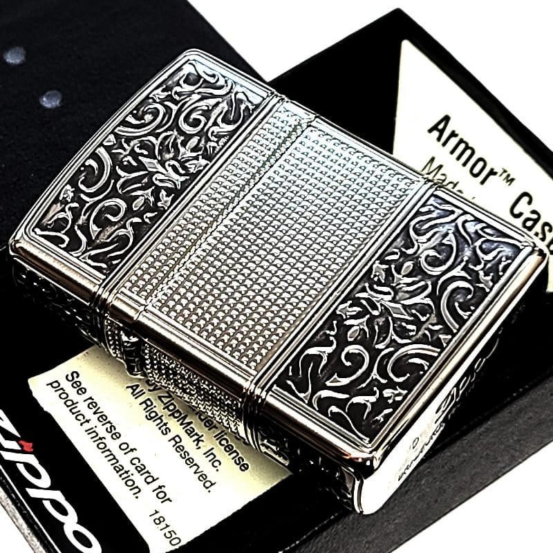 Zippo Armor Case Arabesque Antique Silver Etching 4 Sided Processing Lighter