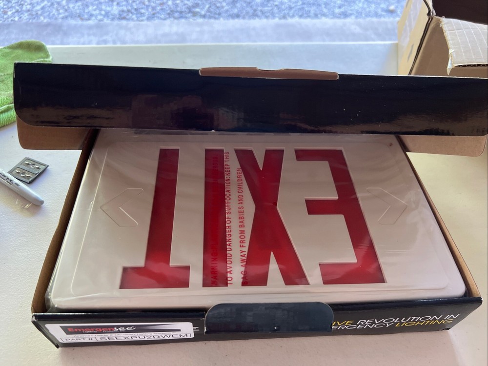 EMERGENSEE LIGHTING LED EXIT SIGN RED LETTER EM LIGHT - 2 SIDED-NEW