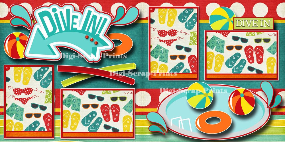 DIVE IN POOL 2 premade scrapbook pages paper piecing layout printed BY DIGISCRAP