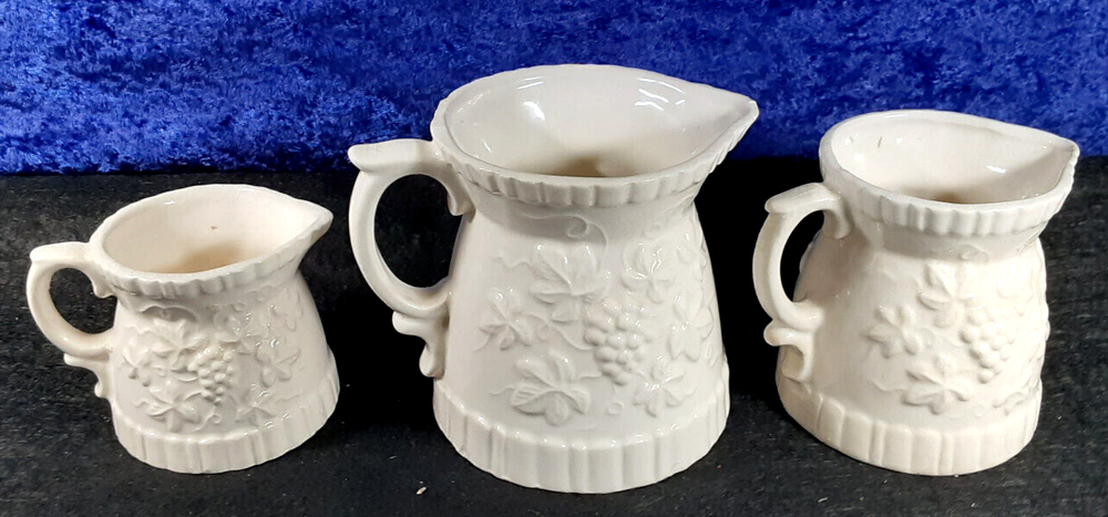 Vintage Ceramic Creamer / Measuring Cup set; Grapevine Pattern; 2,4,8 oz; EX