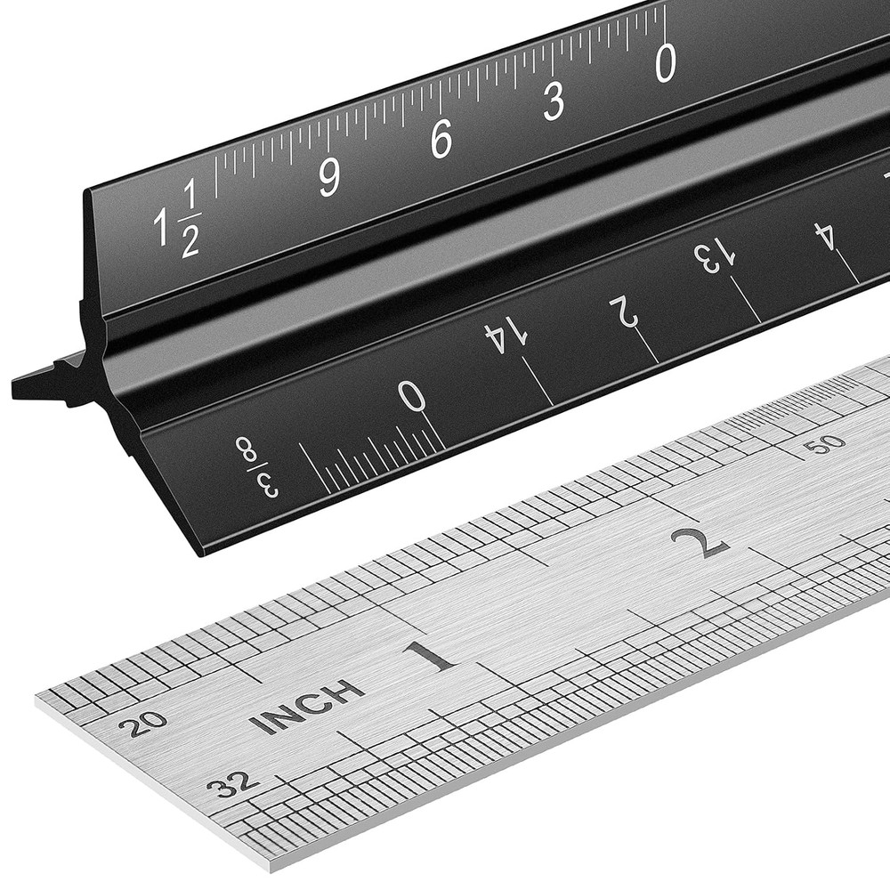 Architectural Scale Ruler Set, 2 Pack 12 Inch Aluminum Architect Ruler with Stan