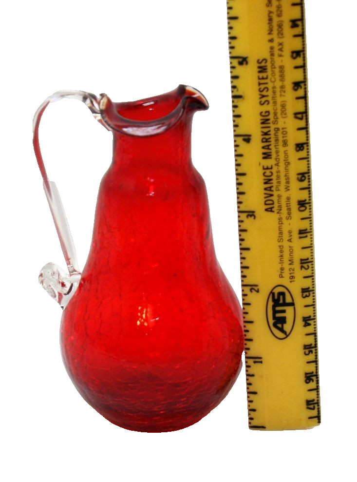 Blenko Hand Blown Crackle Vibrant Ruby Red Pitcher 4.5" Tall In Excellent Cond.