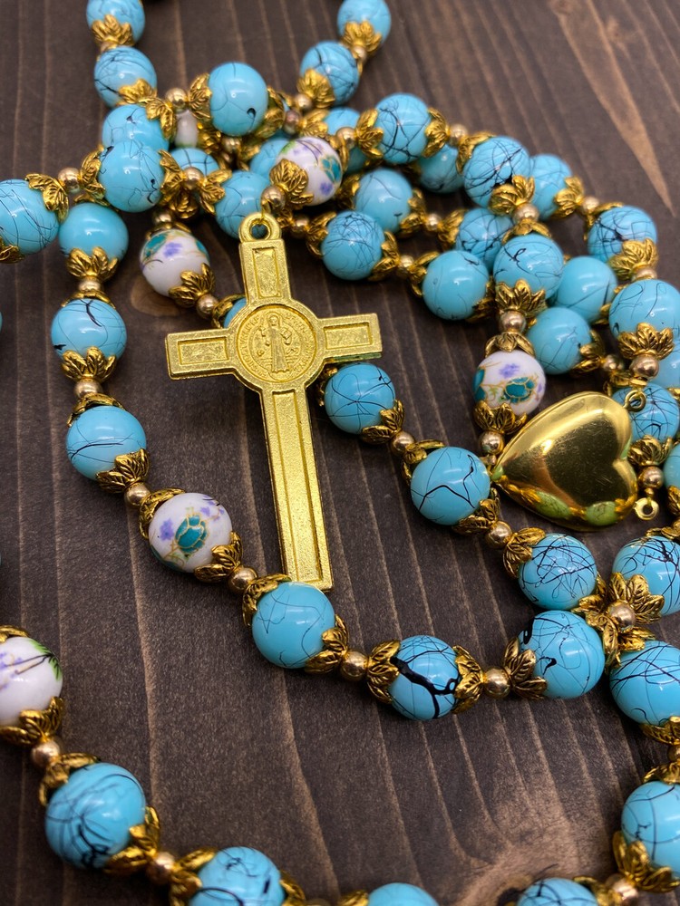 St. Benedict Turquoise Rosary Beads Catholic Necklace Flowers Mystery Beads