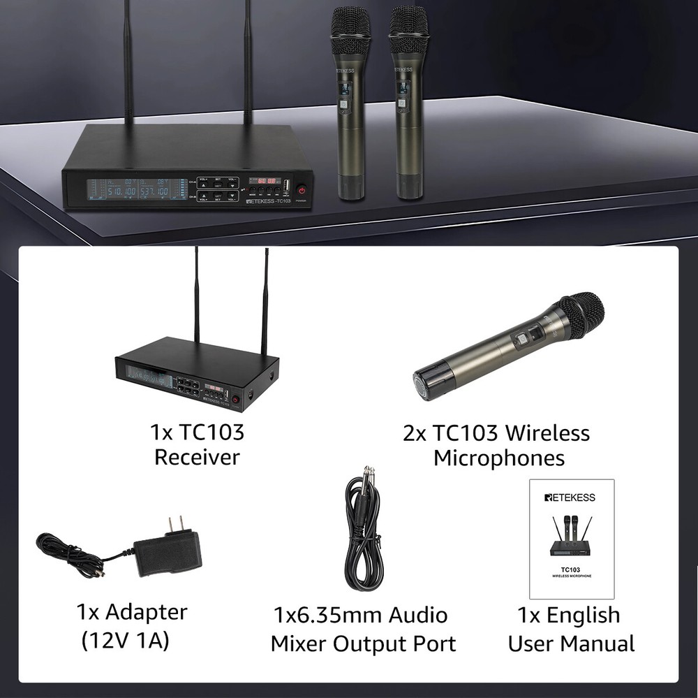 Retekess TC103 Wireless Microphone System Bluetooth 5.0 Handheld Dual Channel