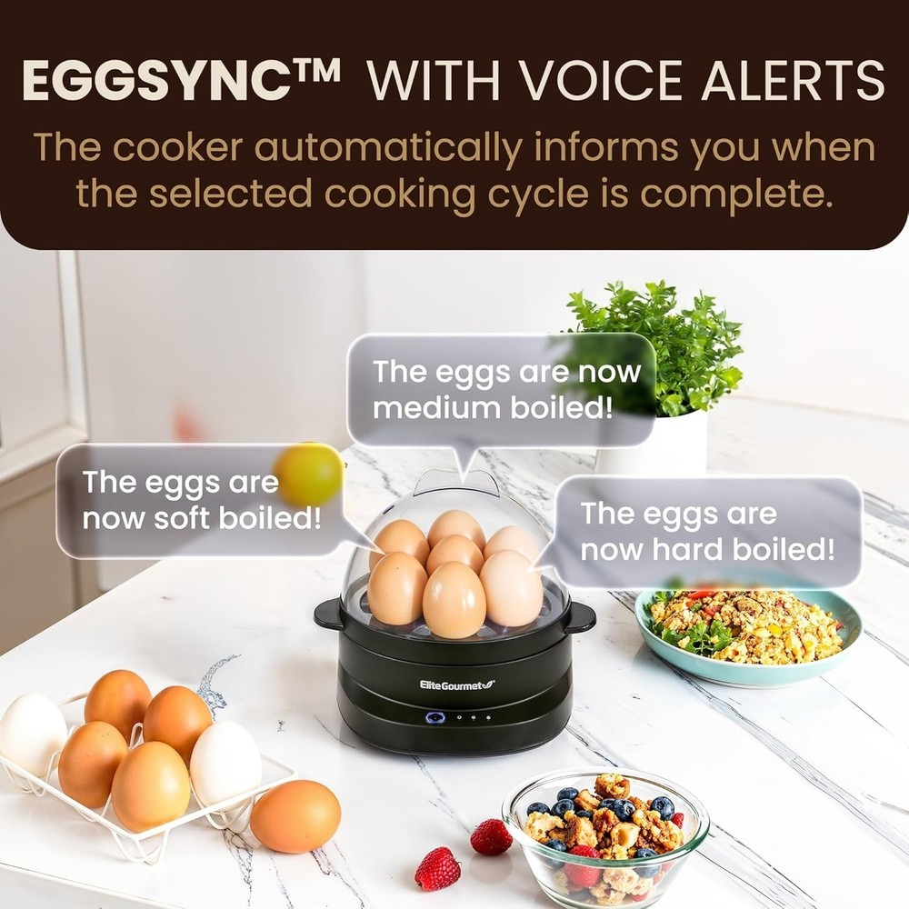 Voice Alerts Easy Egg Cooker 7-Egg Capacity Soft Medium Plastic