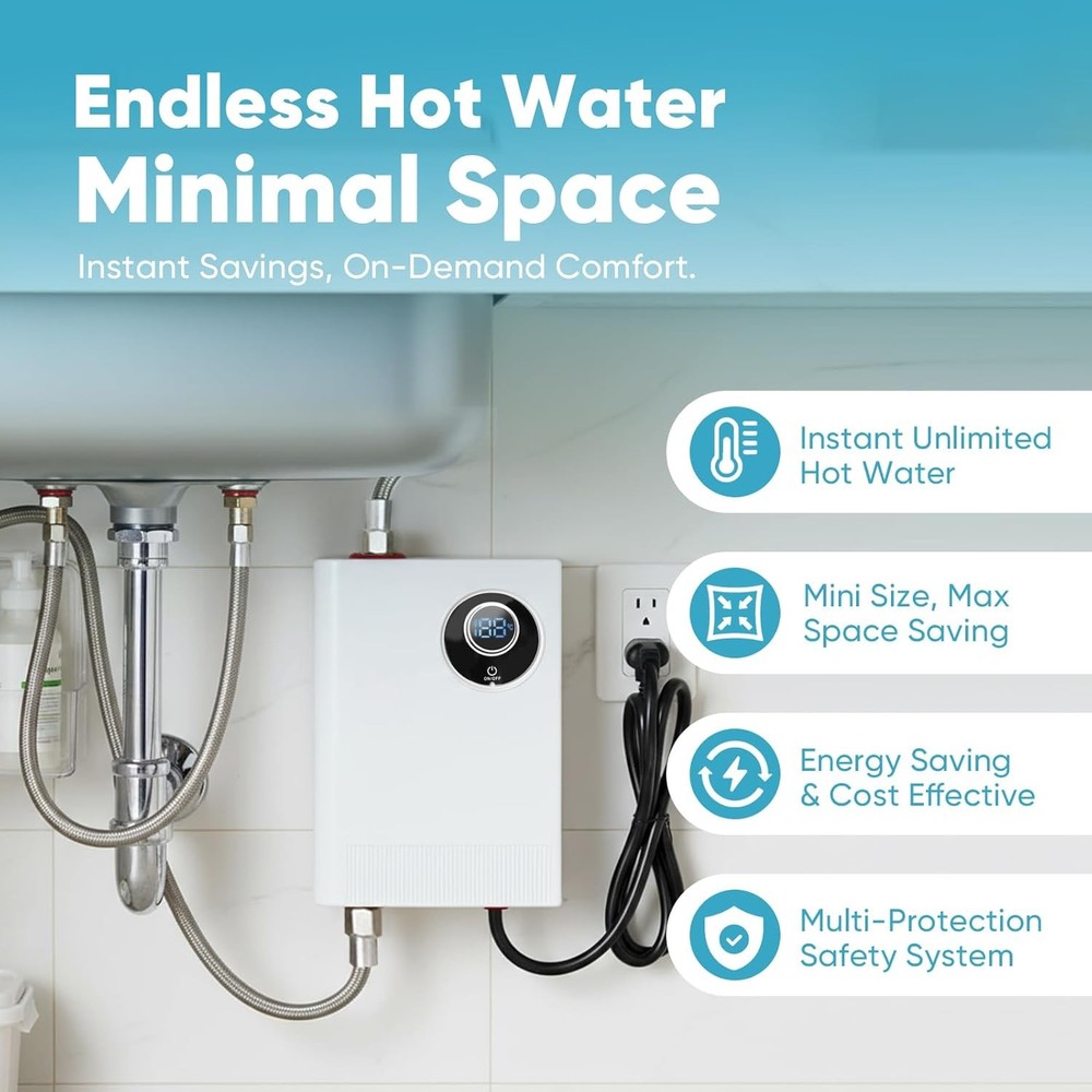 110V Tankless Electric Water Heater, 3000W Compact Under-Sink Heater, Adjustable