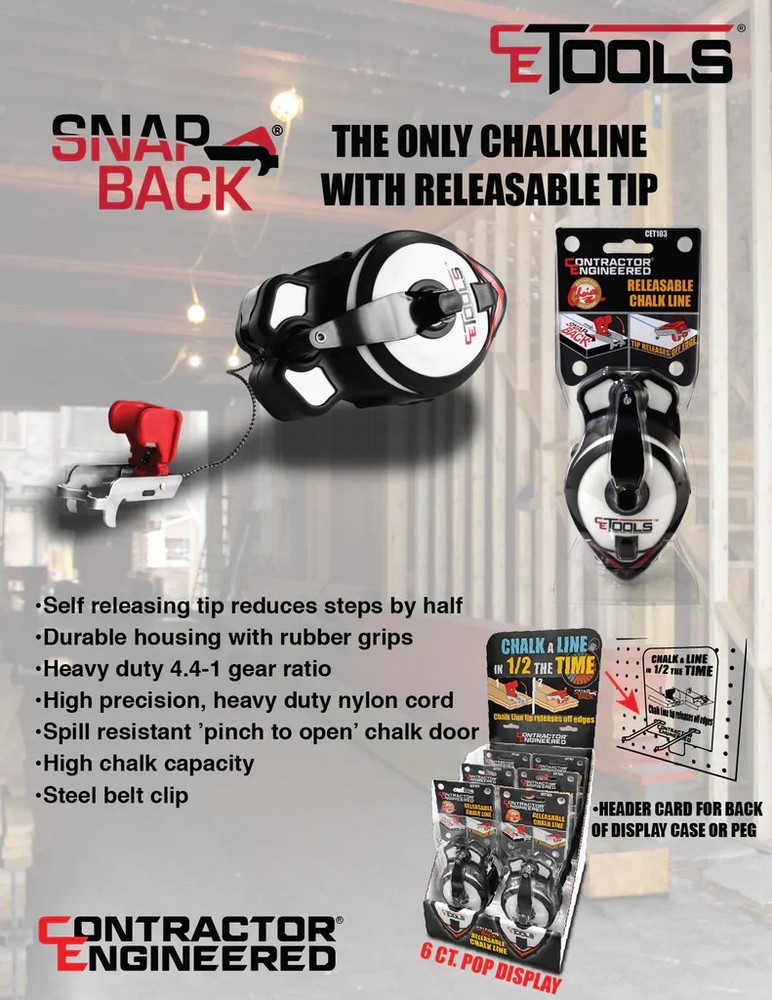 CE TOOLS SnapBack® Chalk Line w/ Releasable Tip – Heavy Duty, Precision Marking