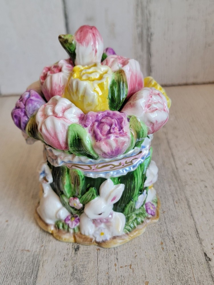 Tulips bunny vintage floral sugar container tea accessory rabbit spring