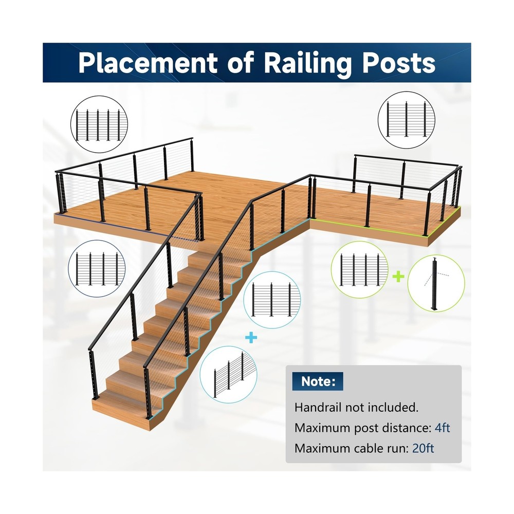 5Pack One-Stop Cable Railing Post Kits, 42" Adjustable Top Level Drilled Line...