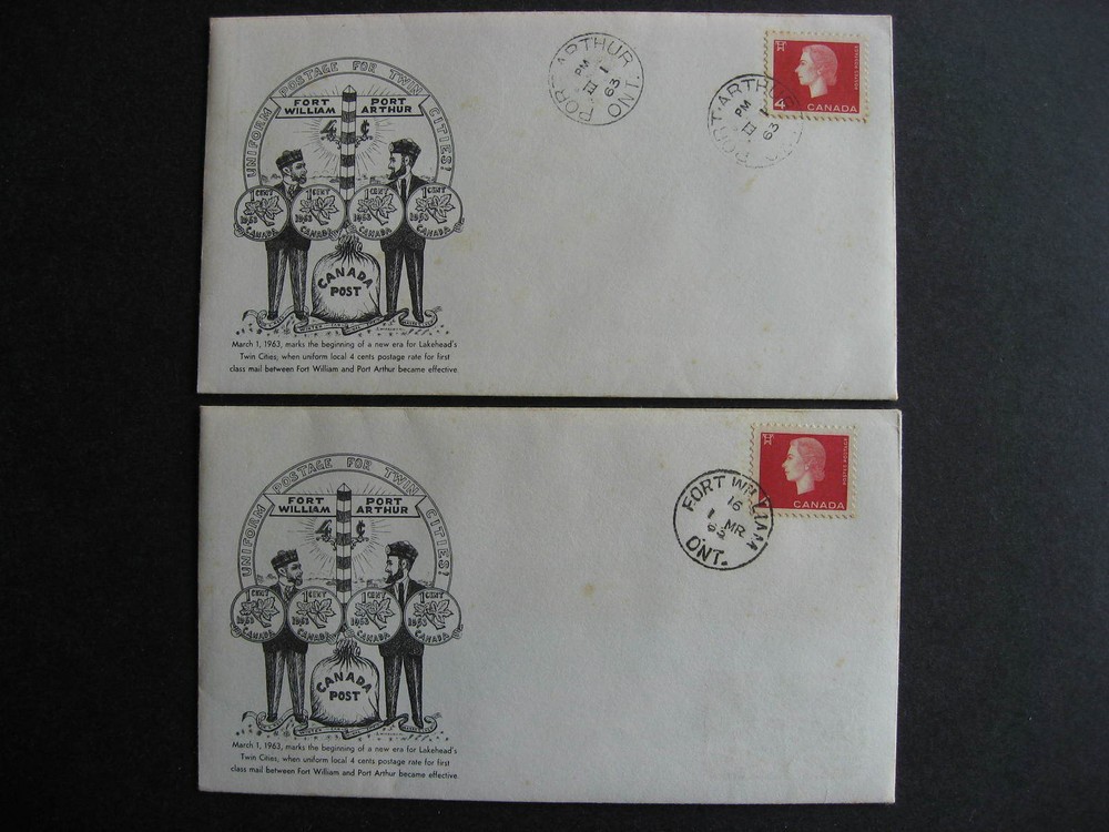 Canada uniform 4c postage Fort William, Port Arthur cacheted covers with foxing