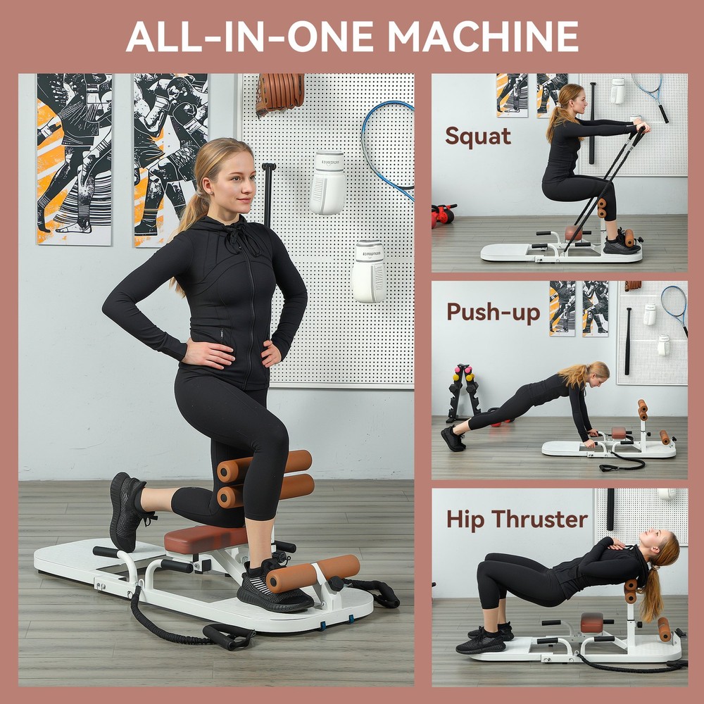 Sissy Squat Machine Hip Thrust Machine with Push Up Stand, White