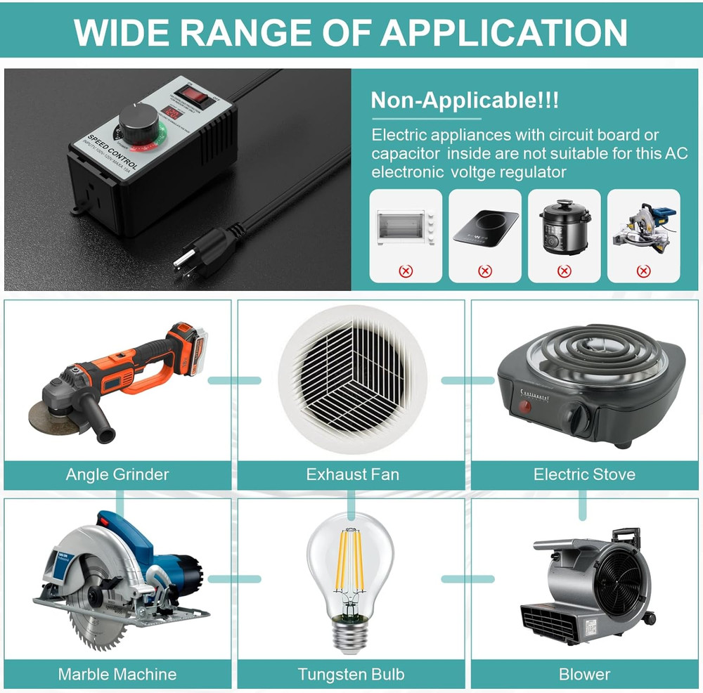 High-Capacity AC Motor Speed Controller 120V 15A 4000W Universal Variable Speed