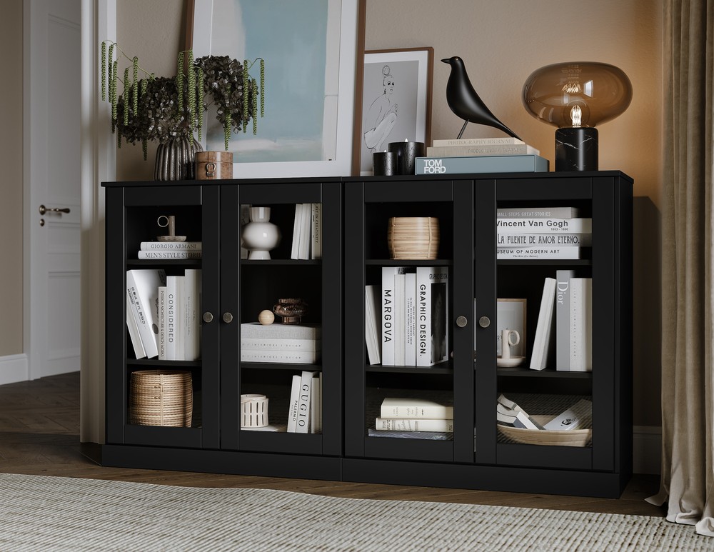 100% Solid Wood 64" Modular Sideboard, 2 Clear Glass Doors