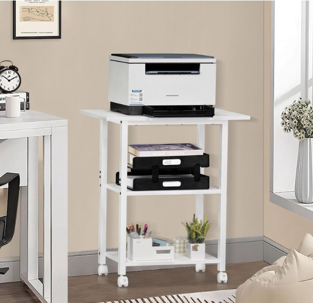 3-Tier Mobile Printer Stand with Storage Shelf & Lockable Wheels, White