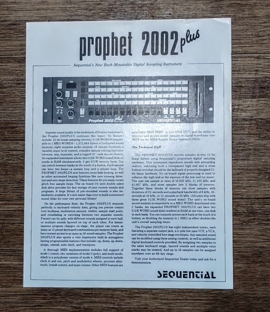 *RARE *ORIG Sequential PROPHET 2002 12bit ANALOG FILTER SAMPLER Brochure Catalog