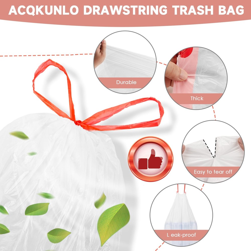 6 Gallon Trash Bags Drawstring - White Medium Kitchen Garbage Bags Plastic Un...