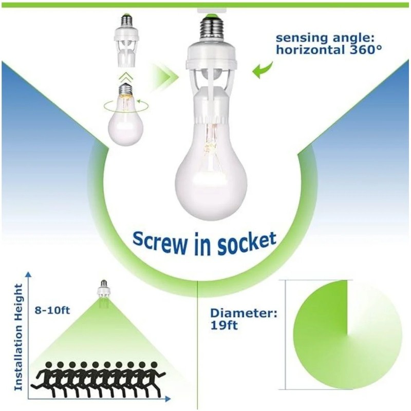 10-Pack E26/E27 Smart Motion Sensor Light Socket Adapter, Auto On/Off Screw-In