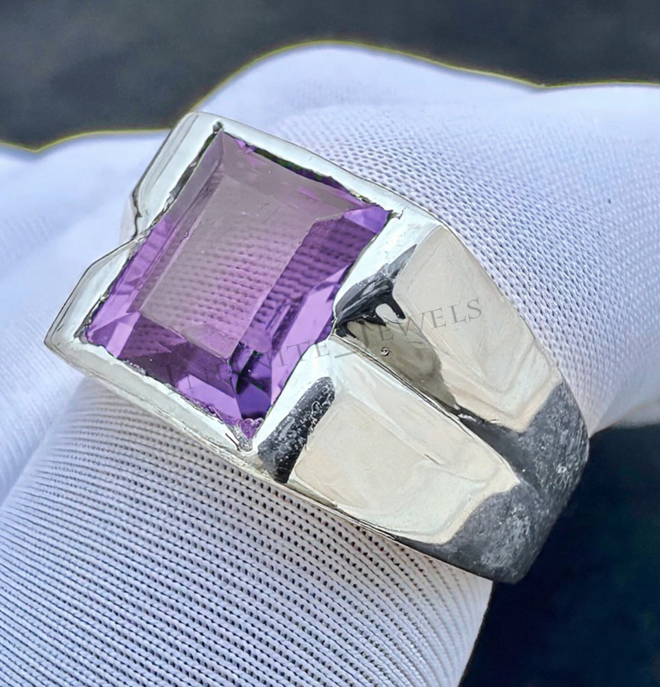 Natural Amethyst Gemstone Emerald Cut Ring Solid 925 Sterling Silver Men's Ring