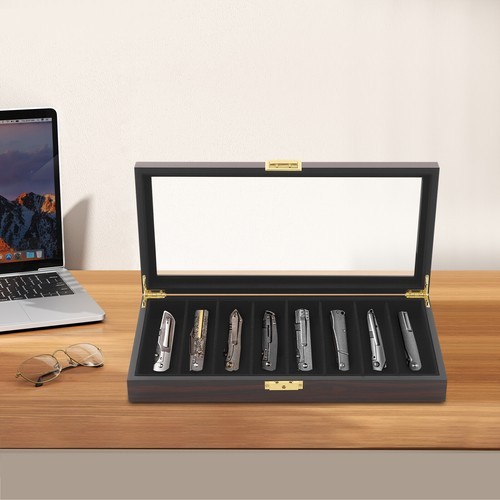 Elegant Ebony Knife Storage Box with Visual Lid & Secure Lock - 8 Compartments