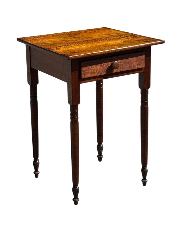 Antique tiger maple side table work stand 1 drawer sheraton 1820