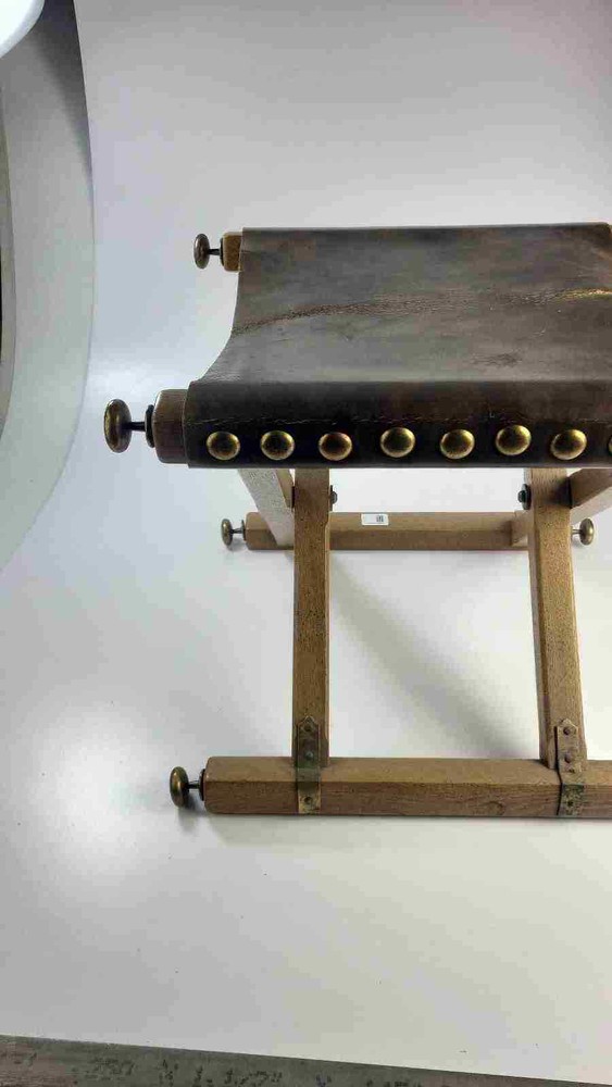 Vintage Oak Leather And Brass Camp / Campaign Folding Stool