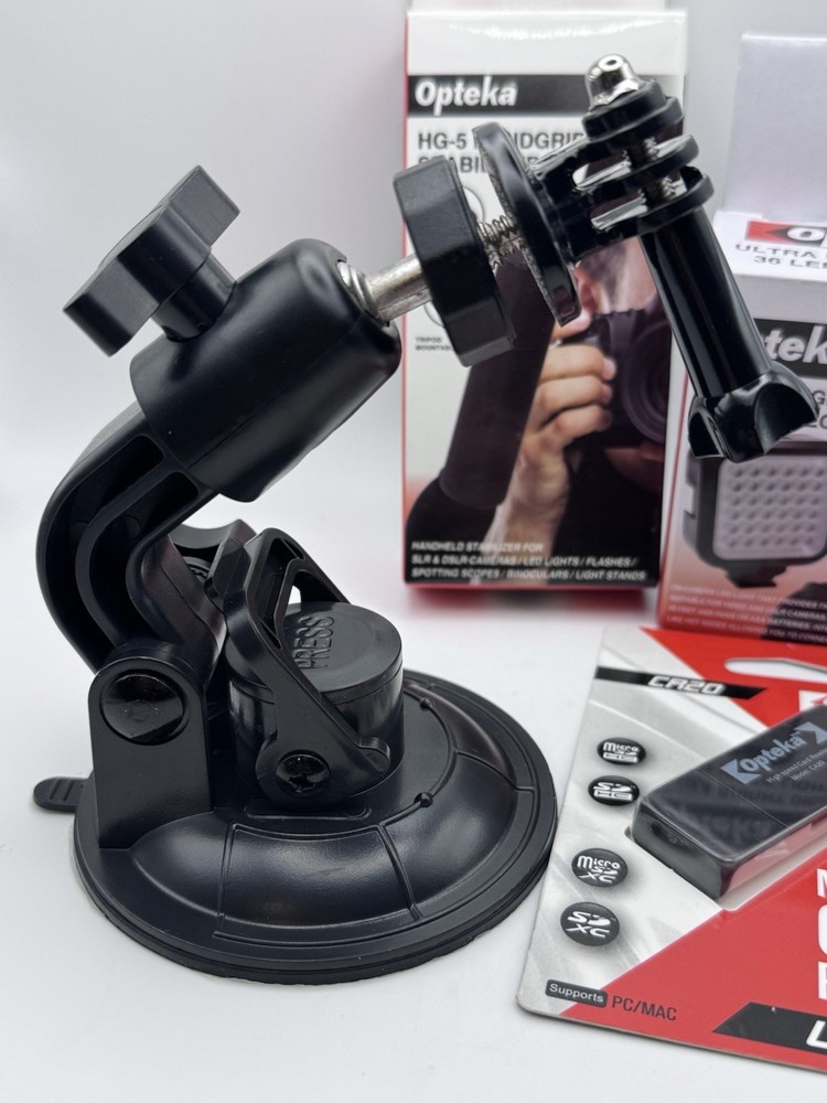Opteka Camera Accessory Lot -LED Light , Suction Mount, Stabilizer, Card Reader