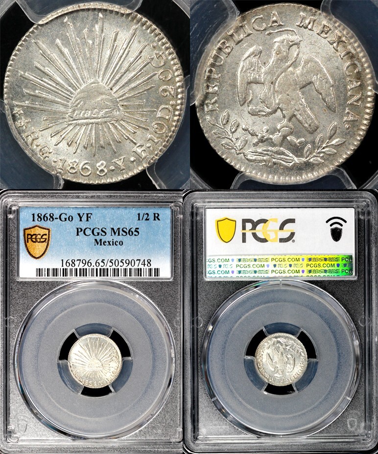 1868-GO YF 1/2R Mexico Half Real PCGS MS 65 *Secure Shield*