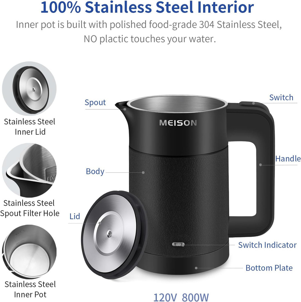 0.6L Small Electric Kettles Stainless Steel, Travel Mini Hot Water Boiler Heater