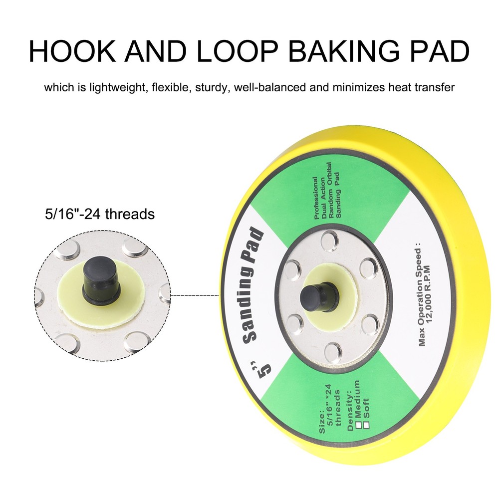 5" Hook and Loop Backing Sanding Pads with 5/16"-24 Thread, Y + B 5Pcs