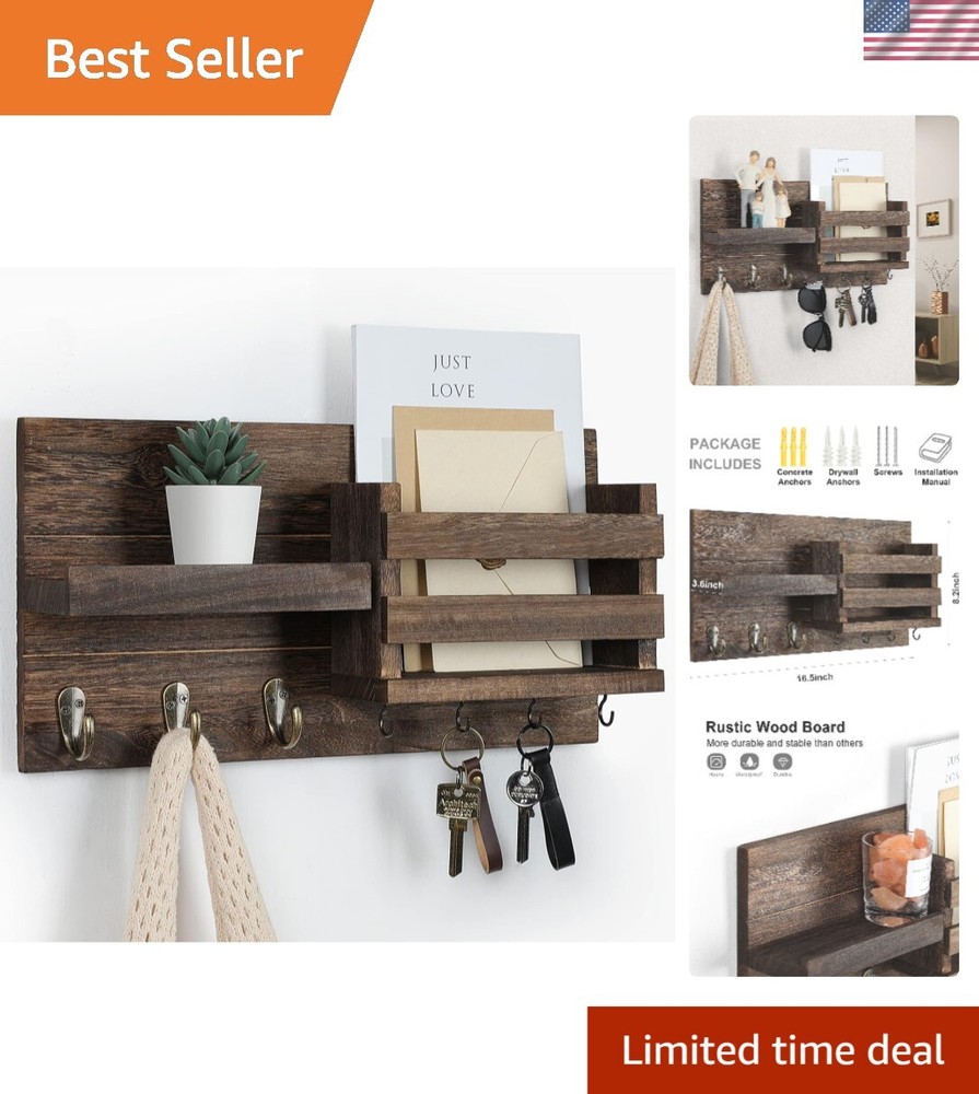 Rustic Wall-Mounted Mail Organizer & Key Holder with 7 Hooks – Easy Install