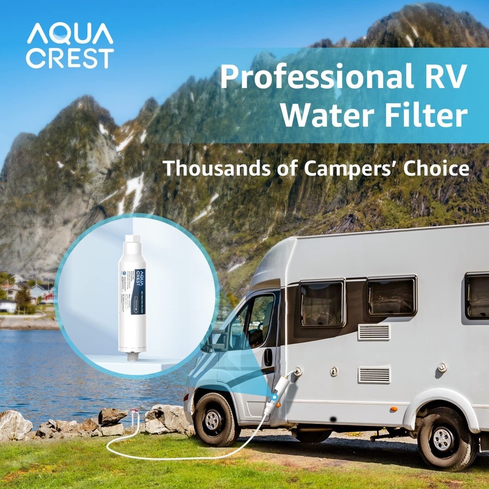 AQUA CREST RV Inline Water Filter 4 Pack with 2 Hose Protector, Reduces Chlorine