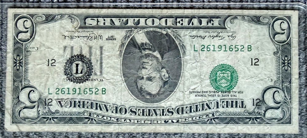 Error 5 Dollar Note, Inverted Overprint - Upside Down Serial Number & Seals!