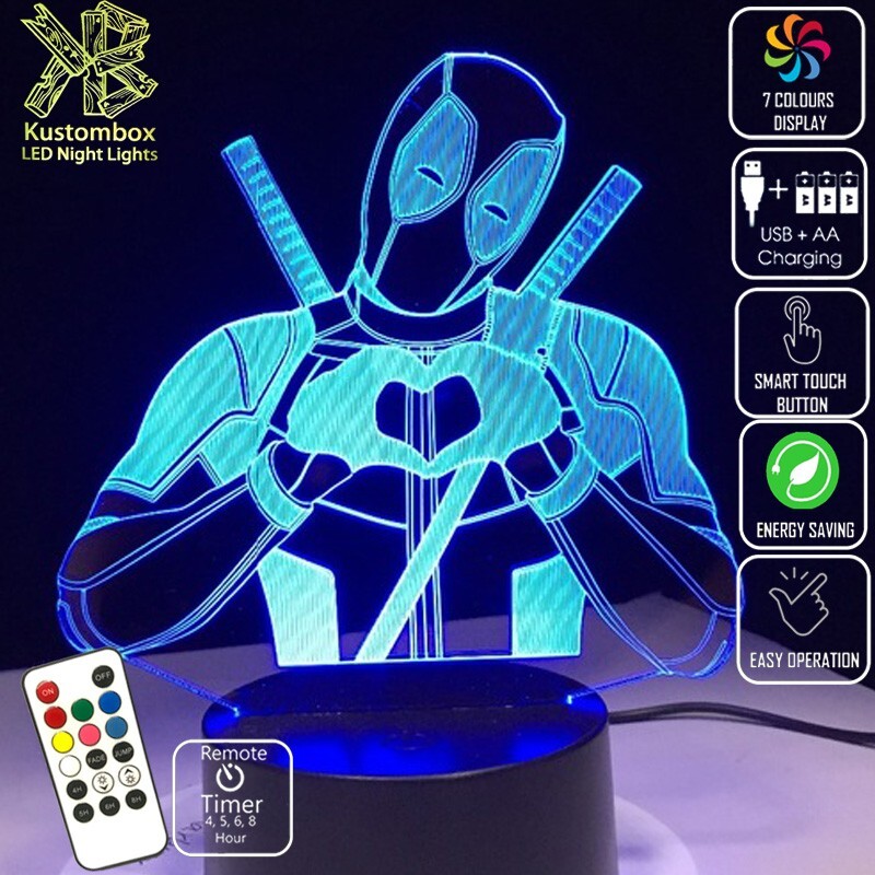 DEADPOOL MARVEL LOVE HEART HANDS 3D LED BATTERY USB NIGHT LIGHT 7 COLOUR REMOTE